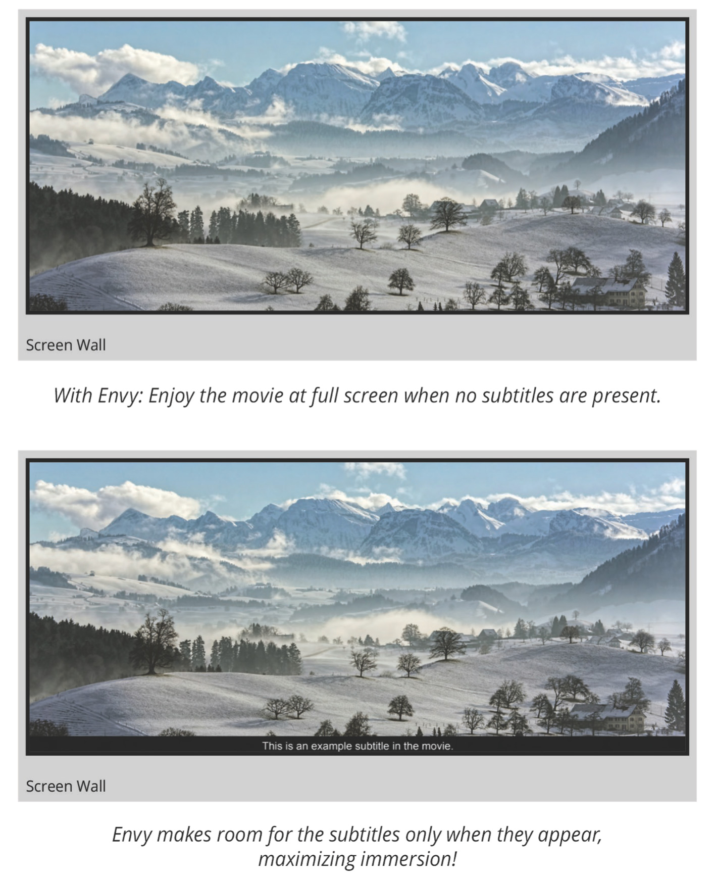 Side by side comparison of a winter scene where one has no subtitles while the other one shows subtitles that doesn't block any part of the scene