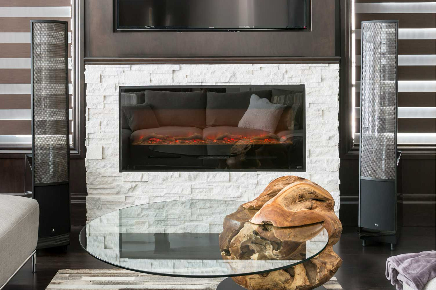 ElectroMotion Series in living room with fireplace