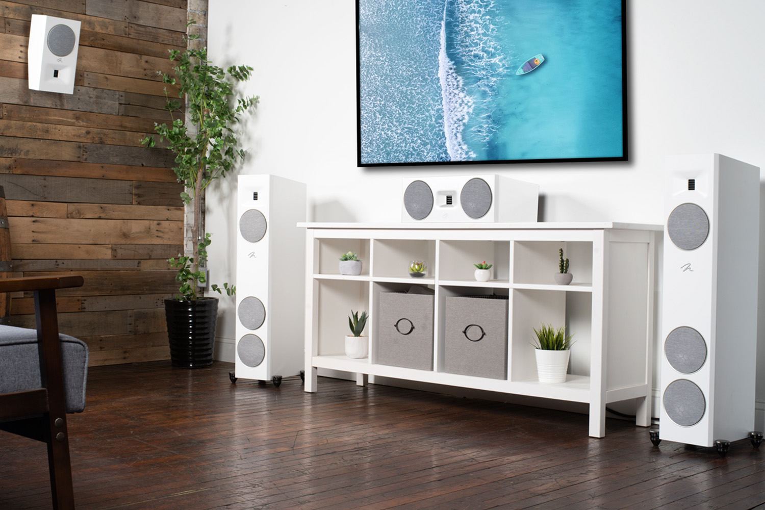 White Motion Series speakers in living room with TV