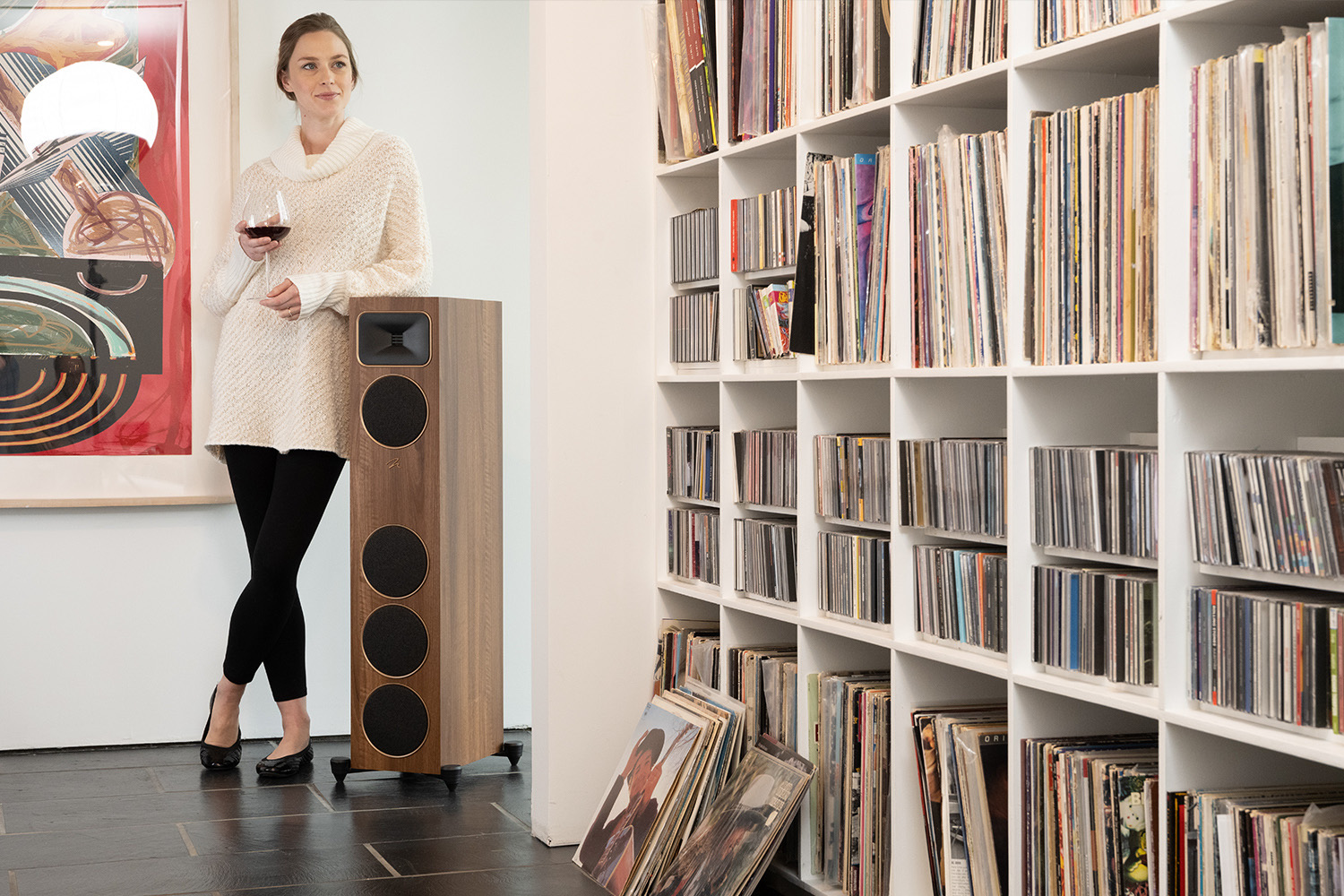 Motion Foundation Series speakers in room filled with vinyl records