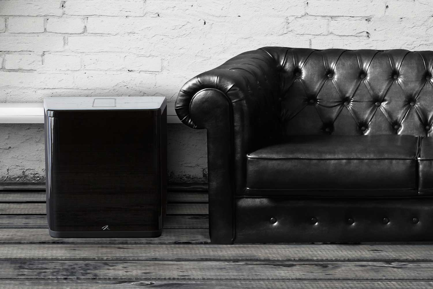 BalancedForce Series subwoofers in grey living room