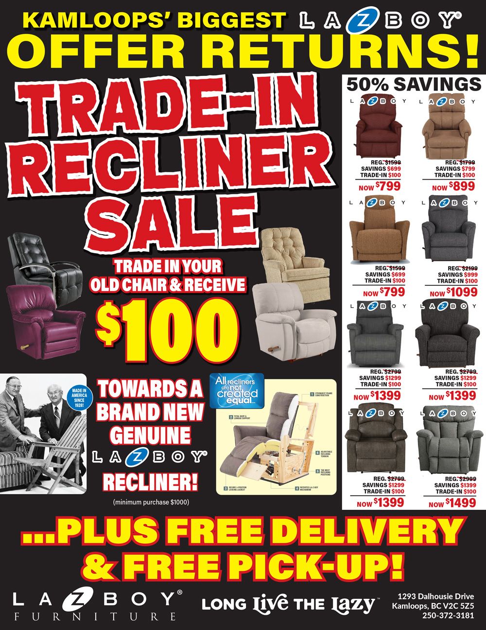 Trade-In recliner sale! Trade in your old chair and receive $100 towards a brand new genuine La-Z-Boy recliner!