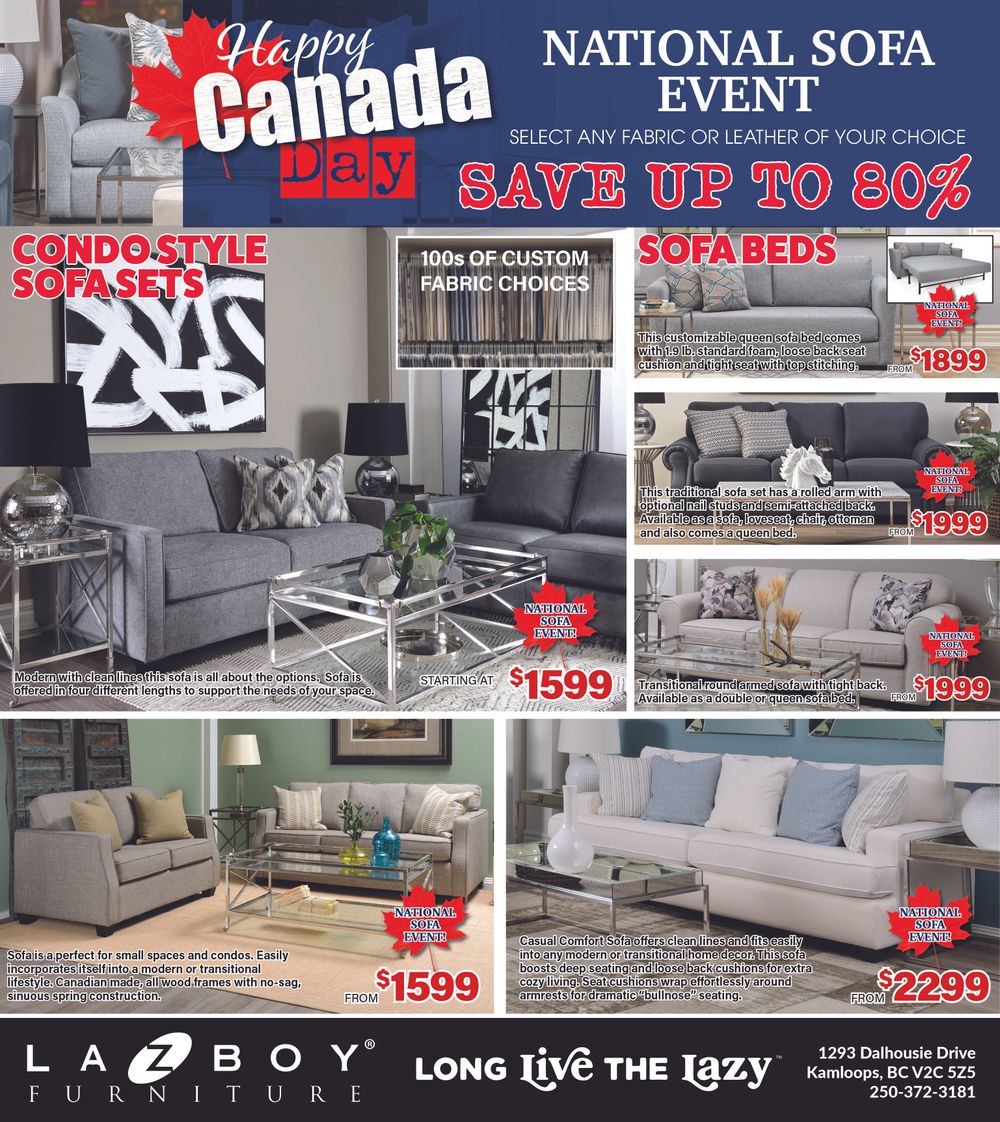 Happy Canada Day. National Sofa Event. Select any fabric or leather of your choice. Save up to 80%.
