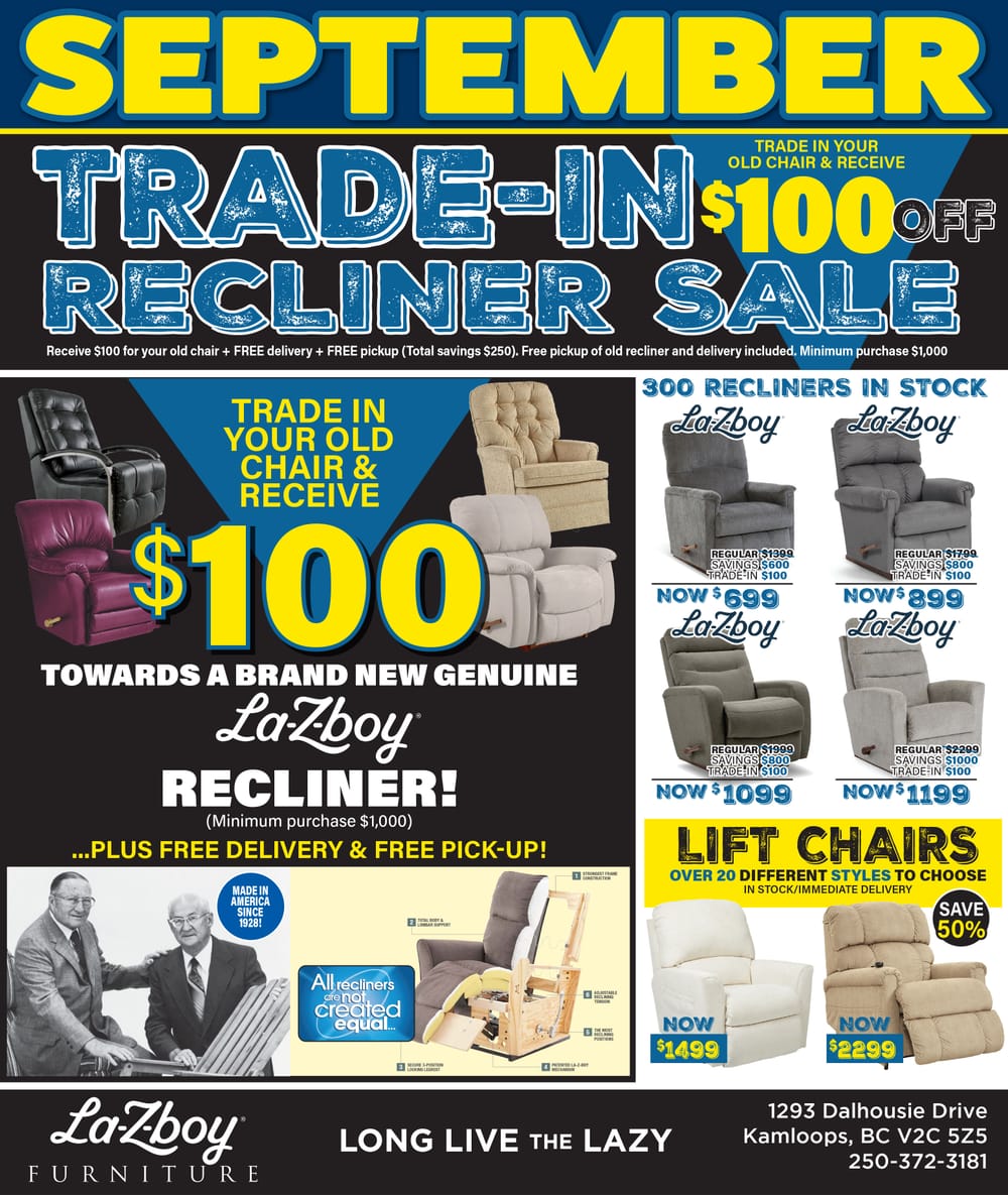 La-Z-Boy September sale: trade in old chair for $100 off plus free delivery/pickup on new recliners, 300 recliners in stock, lift chairs 50% off.