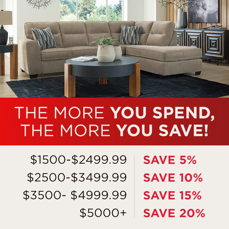 THE MORE YOU SPEND, THE MORE YOU SAVE! - $1500-$2499.99 SAVE 5% - $2500-$3499.99 SAVE 10% - $3500- $4999.99 SAVE 15% - $5000 + SAVE 20%
