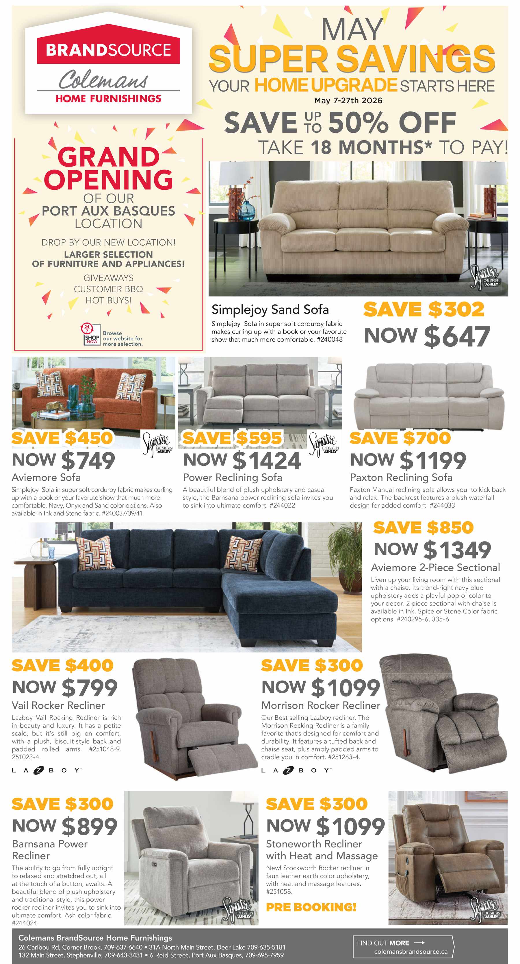 May Super Savings. Your Home Upgrade Starts Here. May 7 - 27, 2026. Grand Opening of our Port Aux Basques Location. Givewaways, Customer BBQ & Hot Buys!