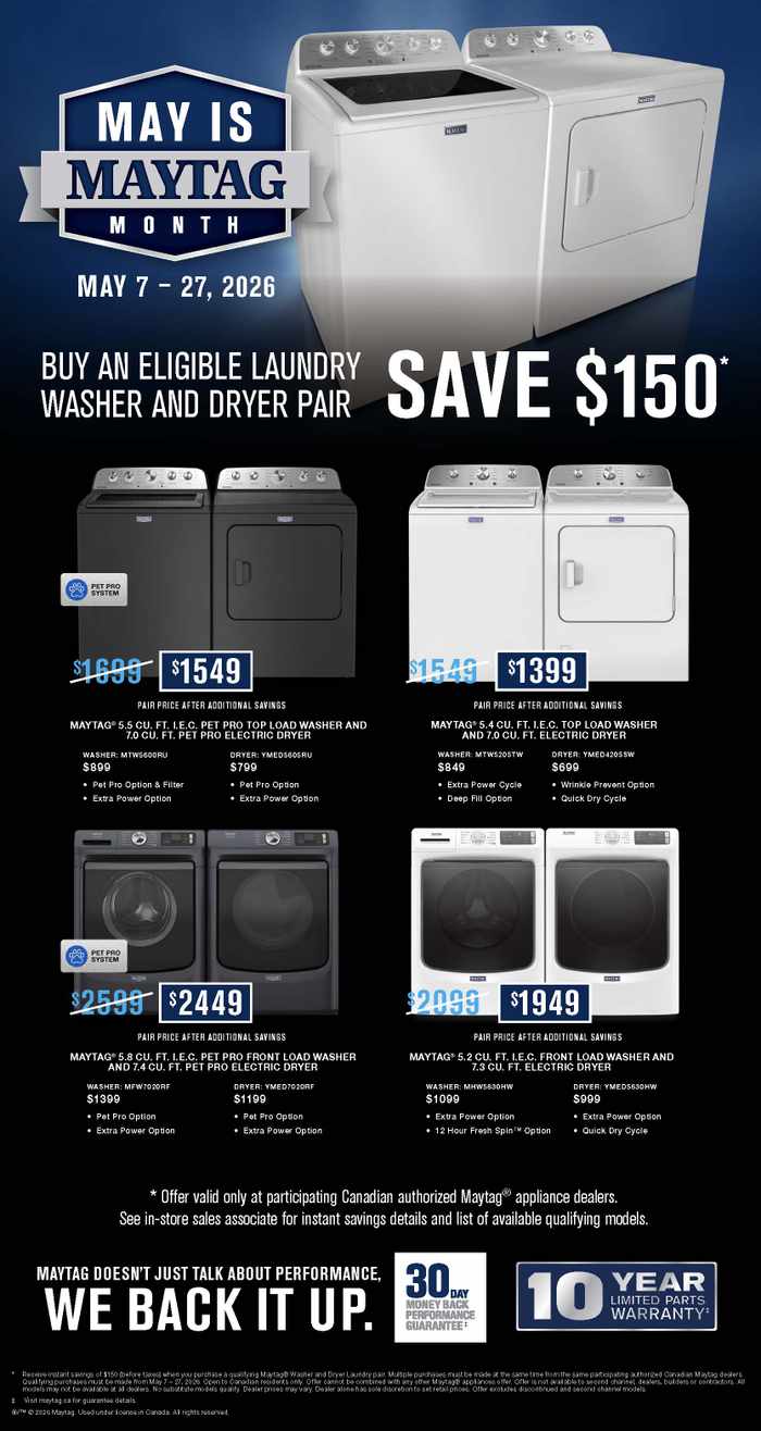 May Promotions. Save on Whirlpool, Maytag, KitchenAid, Everydrop, Affresh & Amana. May 7 - May 27, 2026. Page 4