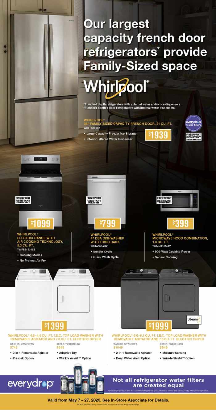 May Promotions. Save on Whirlpool, Maytag, KitchenAid, Everydrop, Affresh & Amana. May 7 - May 27, 2026. Page 6