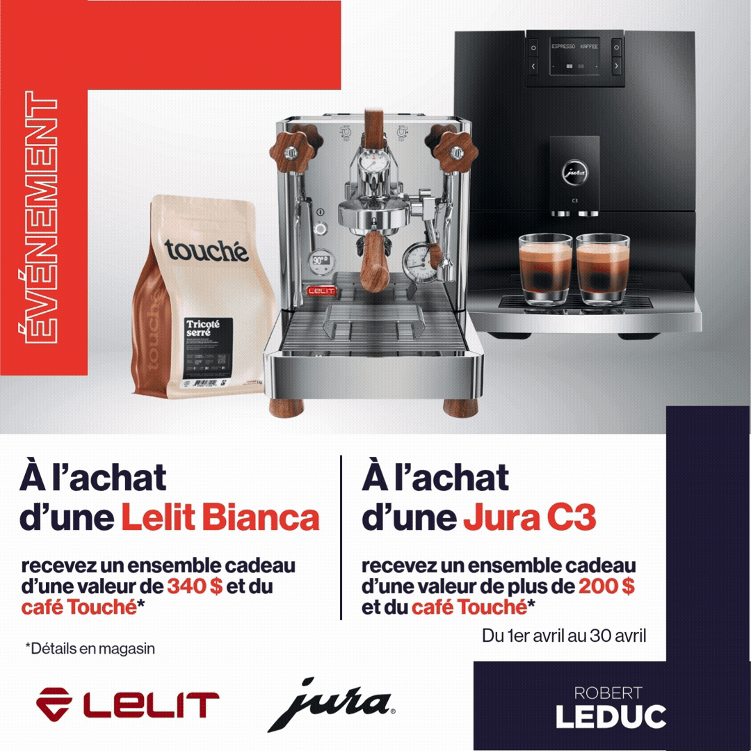 Cafe Evenement Printemps: A l'achat d'une Lelit Bianca recevez un ensemble cadeau d'une valeur de 340 $ et du cafe Touche