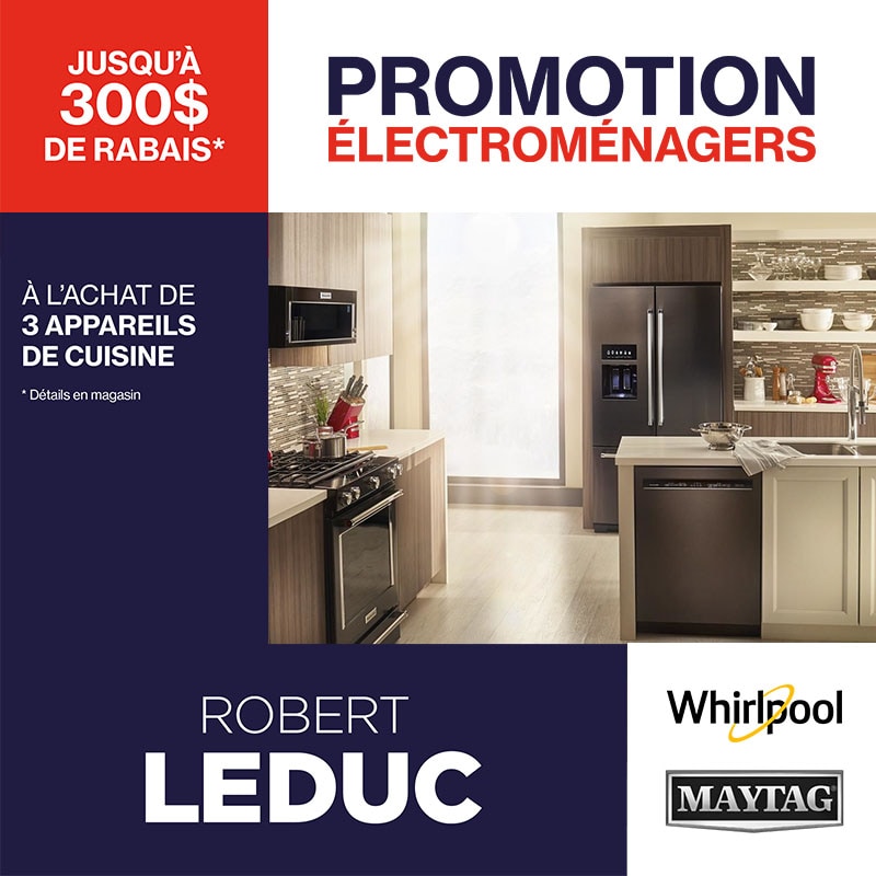 Whirlpool Maytag. Promotion Electromenagers. Jusqu'a 300$ de rabais. L'achat de 3 appareils de cuisine.