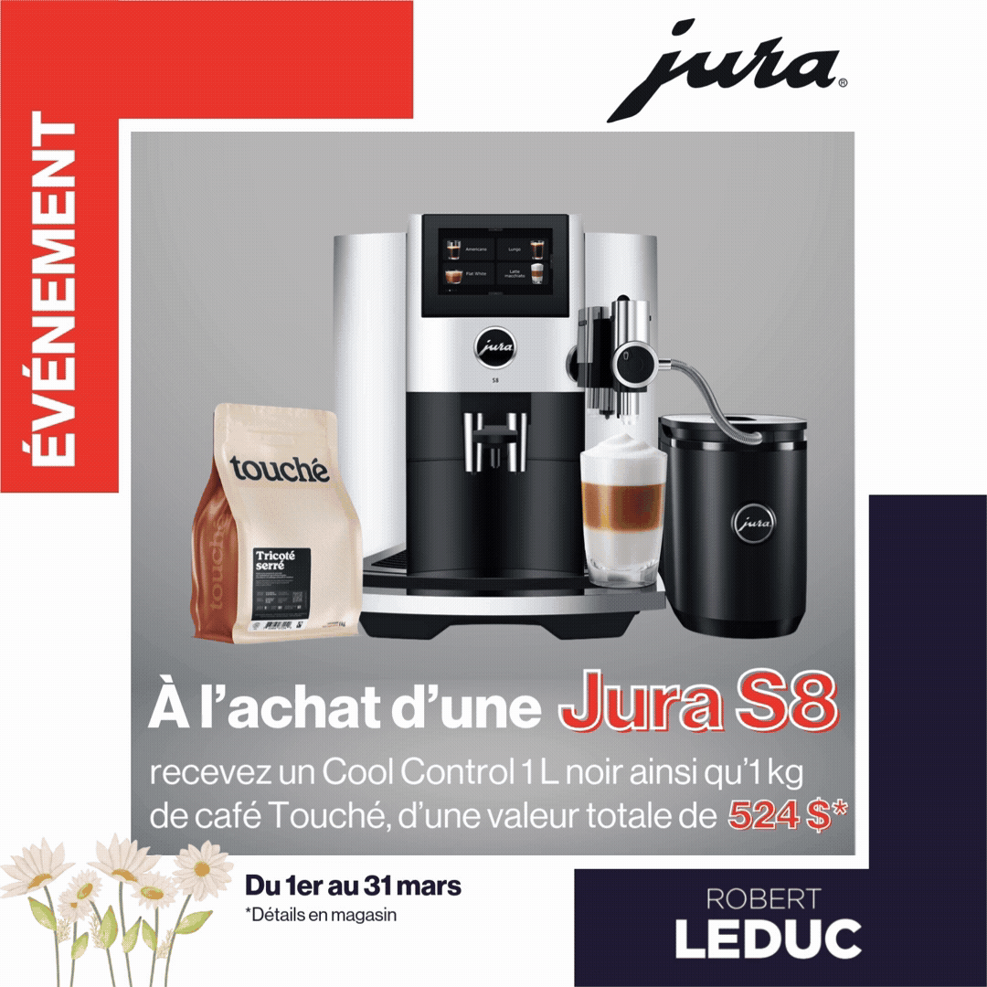 PRINTEMPS ÉVÉNEMENT À l'achat d'une Jura S8 recevez un Cool Control 1 L noir ainsi qu'1 kg de café Touché, d'une valeur totale de 524 $*
