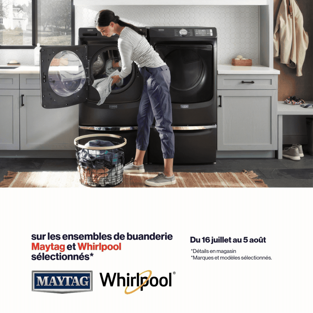 Whirlpool and Maytag: 150$de rabais sur les ensemles de buanderie Maytag et Whirlpool selectionnes