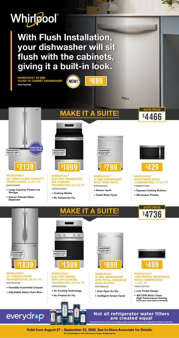 August/September Promotions. Save on Whirlpool, Maytag, KitchenAid, Everydrop, Affresh & Amana. August 27 - September 23, 2026. Page 1