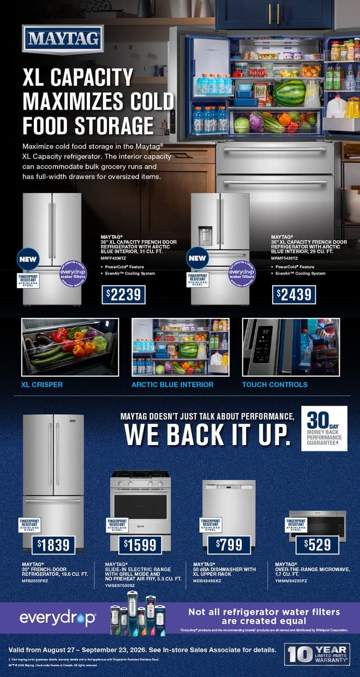 August/September Promotions. Save on Whirlpool, Maytag, KitchenAid, Everydrop, Affresh & Amana. August 27 - September 23, 2026. Page 1