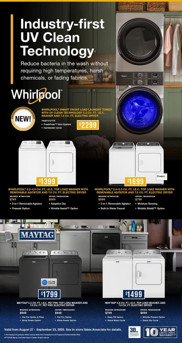 August/September Promotions. Save on Whirlpool, Maytag, KitchenAid, Everydrop, Affresh & Amana. August 27 - September 23, 2026. Page 1