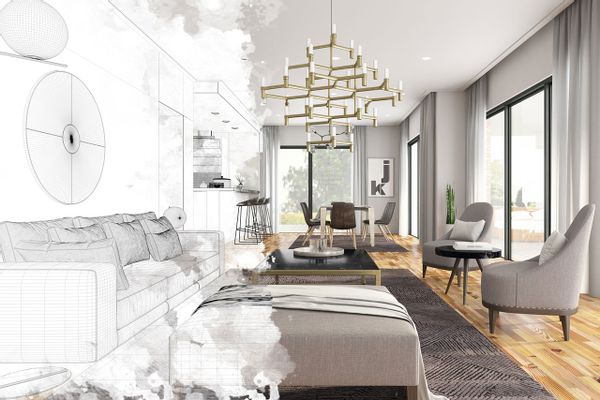 Living room with sketch overlay