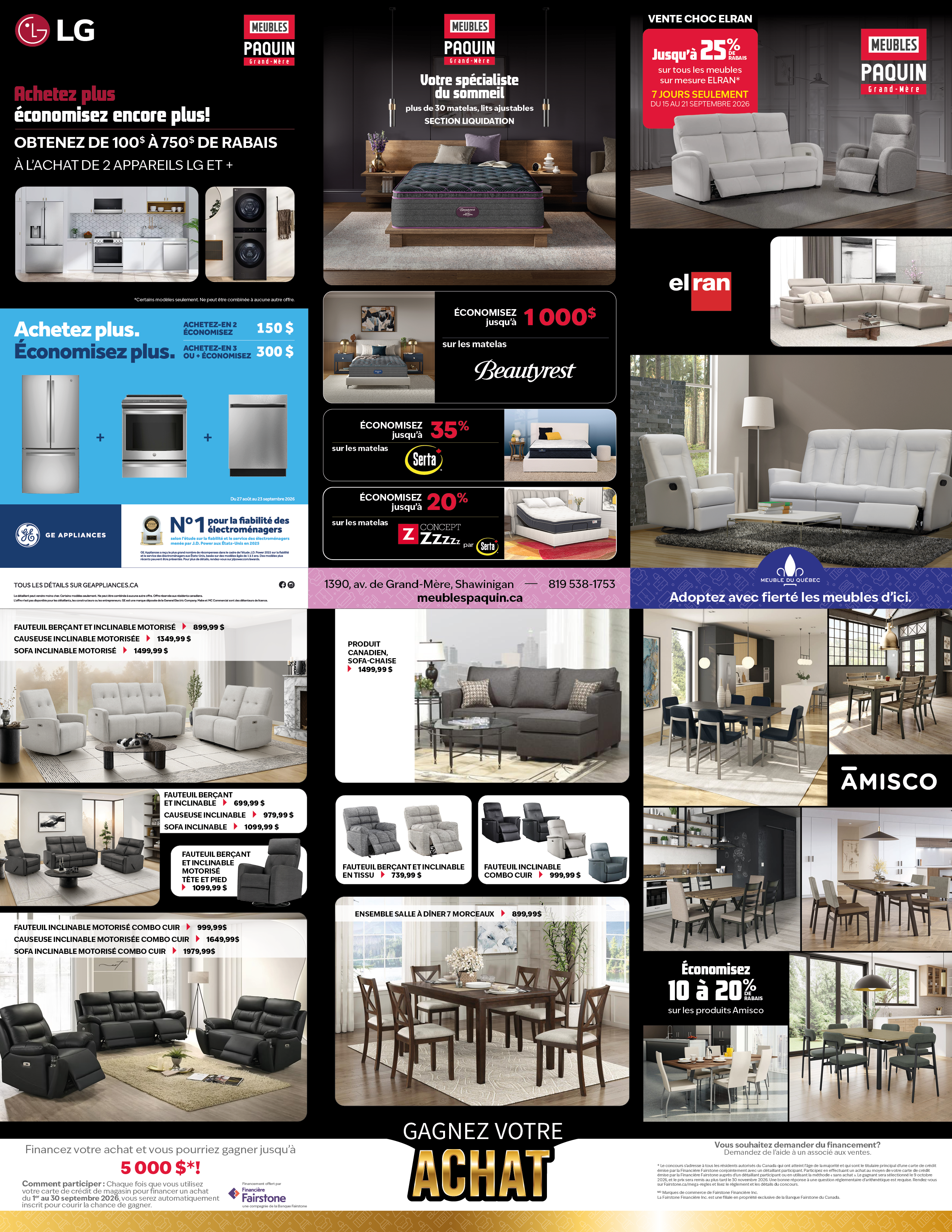 Meubles Paquin flyer: LG/GE appliance rebates, Beautyrest/Serta mattress sales, Elran sofa sale up to 25% off, plus recliners, sectionals, dining sets, and Amisco furniture savings.