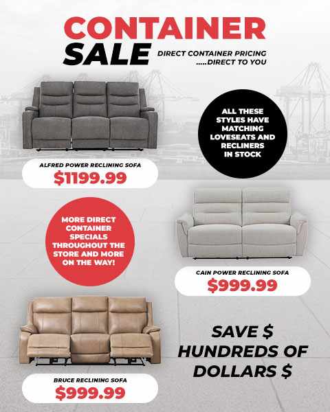 Container Sale Direct Container Pricing .....Direct to You. Save $ Hundreds of Dollars $. Alfred Power Reclining Sofa $1199.99. Cain Power Sofa $999.99. Bruce Reclining Sofa $999.99.