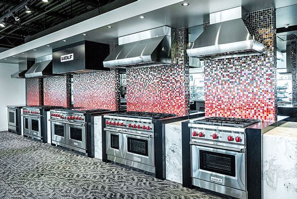 Appliance showroom with a selection of ranges