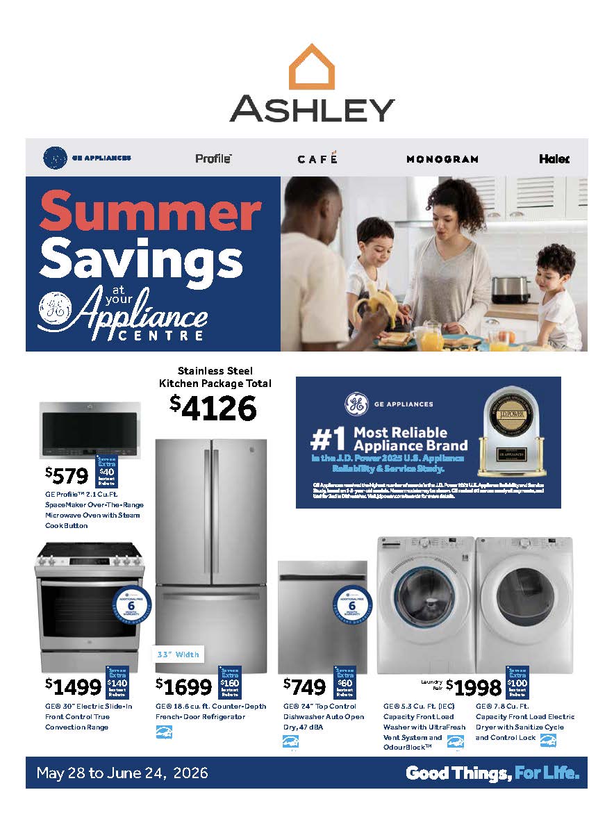 Ashley Summer Savings at your GE Appliance Center. May 28 to June 24, 2026.