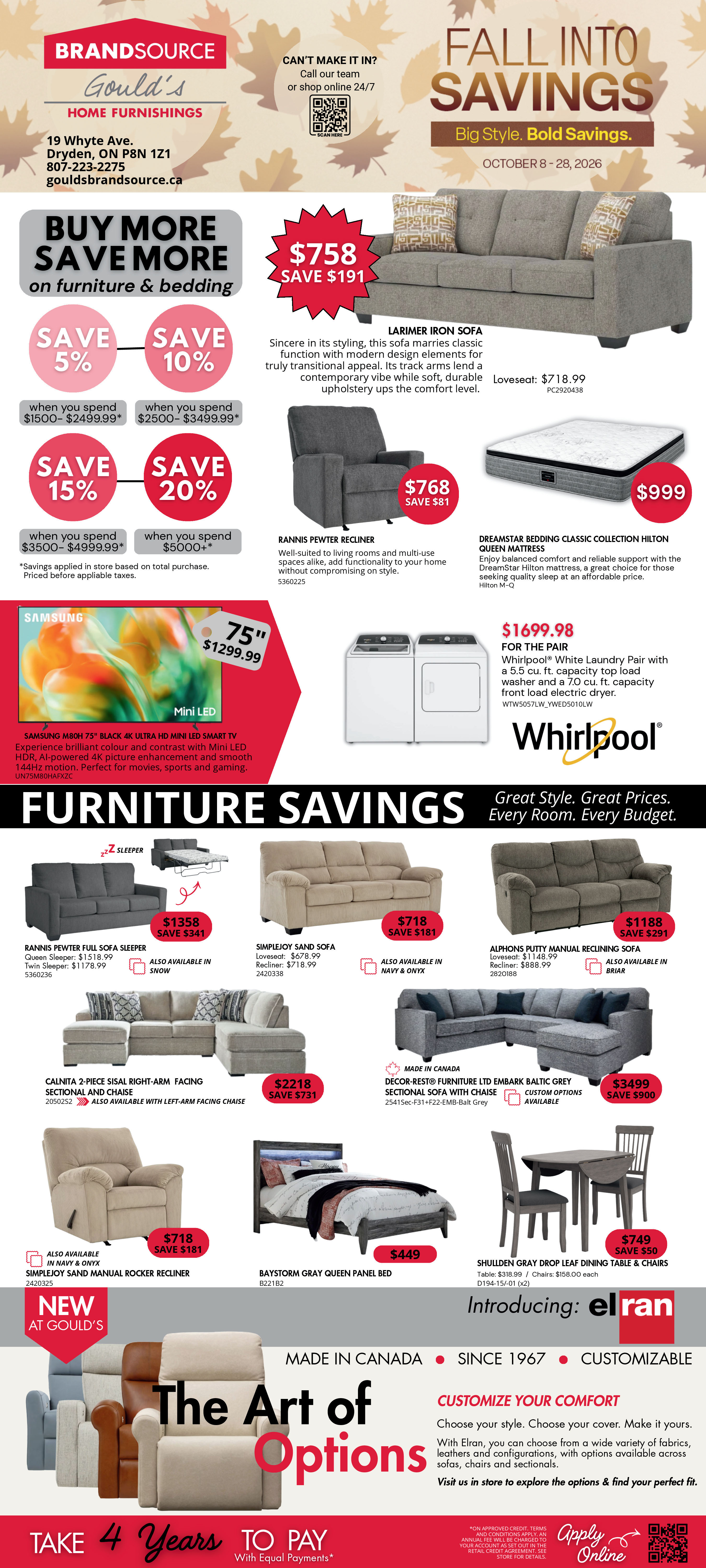 Gould's BrandSource Fall Into Savings sale, Oct 8–28, 2026: furniture, mattresses, Samsung TV, Whirlpool laundry pair & Buy More Save More deals