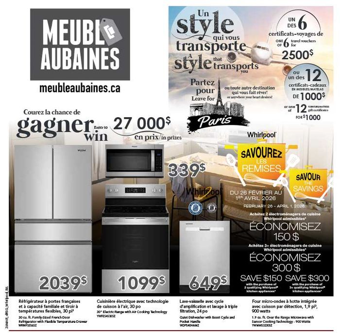 Meubles Aubaines - Whirlpool - Courez la chance de gagner 27 000$ en prix - Enter To Win $27,000 in prizes!