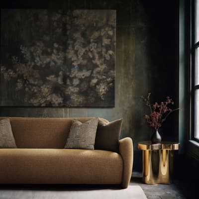 Dimly lit living room with a mustard-colored bouclé sofa topped with striped and solid pillows, a gold organic-shaped side table holding a dark vase with dried branches, and a large abstract floral painting on a dark textured wall.