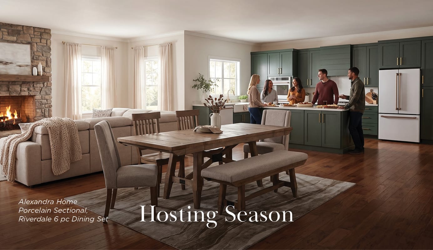 Hosting Season - Shop Now. pictured: Alexandra Home Porcelain Sectional, Riverdale 6 pc Dining Set