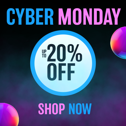 A colorful Cyber Monday banner with bold blue and pink text reading CYBER MONDAY on the left. In the center, a large circular badge says Up to 20% Off. On the right, bright text reads Shop Now. The background features a dark, smoky gradient with vibrant, iridescent bubble-like shapes in the corners.