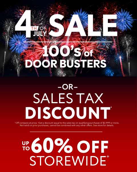 4th of July Sale promotional banner featuring vibrant fireworks against a dark night sky on the left. Text on the left reads: '4th of July Sale. 100’s of DOOR BUSTERS'. The right side features a deep red background with text reading: '—OR— SALES TAX DISCOUNT*' and 'UP TO 60% OFF STOREWIDE+'. Fine print details terms for the sales tax discount on qualifying purchases.