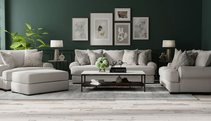 Stationary living room set with a dark wall behind