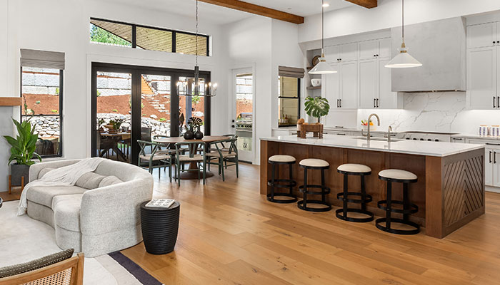 Modern living room and kitchen with matching styles