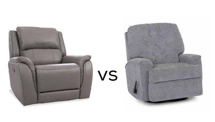 Leather and upholstered recliner side by side