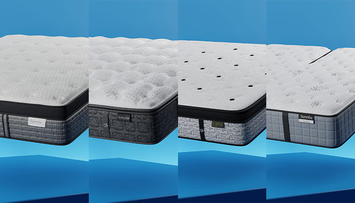 Mattresses shown side by side with a blue background