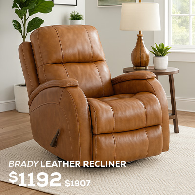 Brady Leather Recliner, was $1,907, now on sale for $1,192. Click to Shop Now