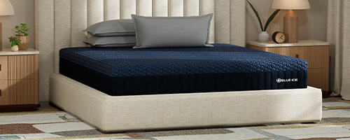 Blue Ice Renew Plus mattress in brightly lit, modern styled bedroom.