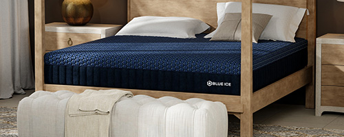 Blue Ice Renew Premier mattress in brightly lit, modern styled bedroom.