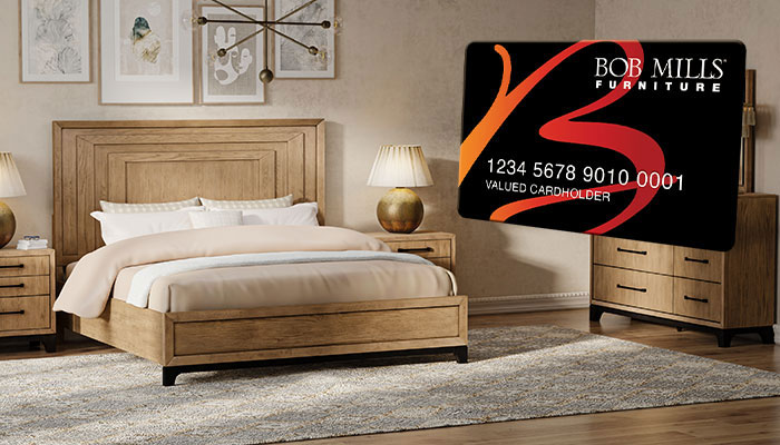 Wood bedroom set with bed, nightstands and dresser beside the Bob Mills Furniture Card