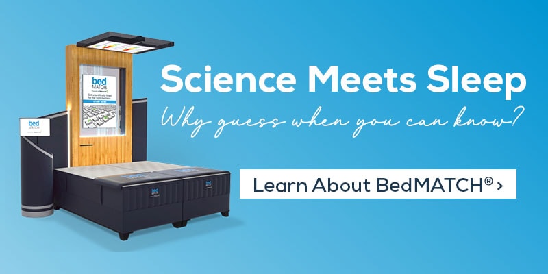 Promotional banner showing the BedMATCH sleep diagnostic system next to a mattress display. Text reads “Science Meets Sleep” and “Why guess when you can know?” with a button labeled “Learn About BedMATCH®.”