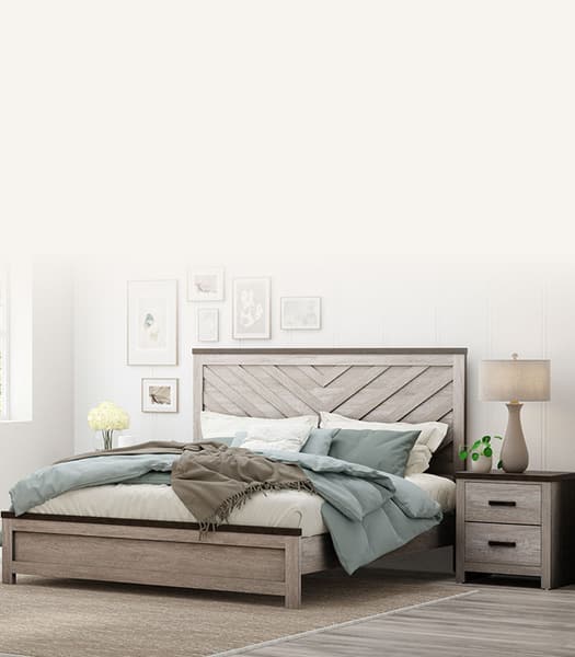 Caesar bedroom collection with upholstered bed, nightstands, and lamp