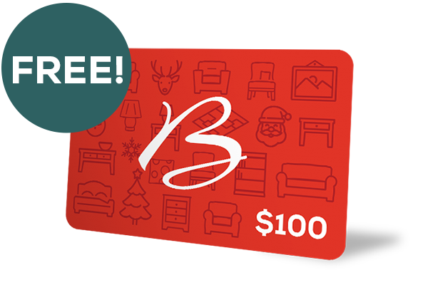 Red $100 gift card with furniture & holiday icons and a large Bob Mill's Furniture 