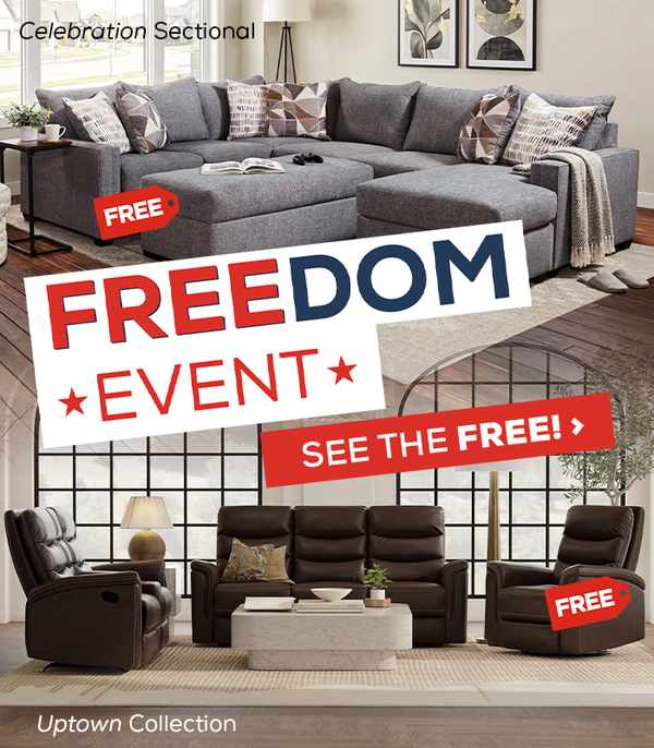 Freedom Event - See the FREE! Images feature a dark gray Celebration sectional and a brown Uptown Collection in a modern rooms.