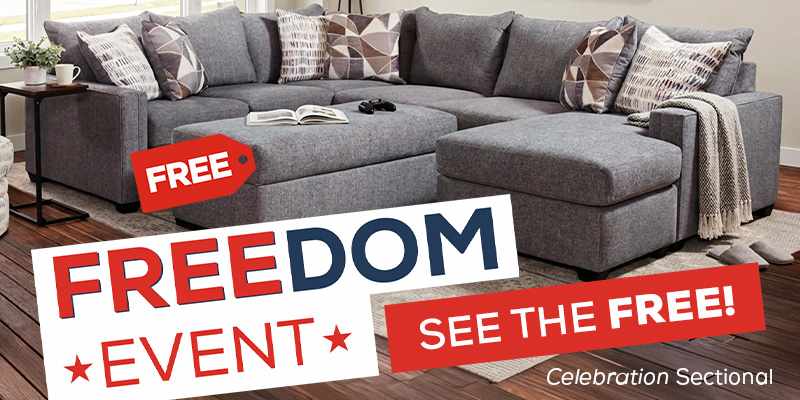 Freedom Event - See the FREE! Image featuring a gray Celebration sectional and a brown Uptown Collection both in modern styled livingrooms.
