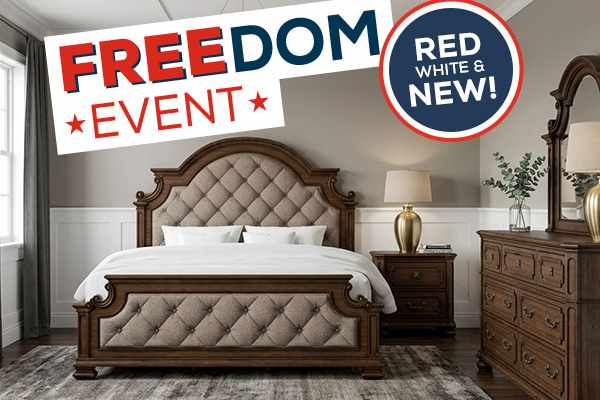 Freedom Event. Red White & NEW! Lifestyle image featuring a bedroom set in a traditional styled bedroom.