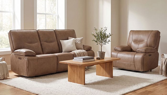 Reclining sofa and chair with a round coffee table in a sunlit living room