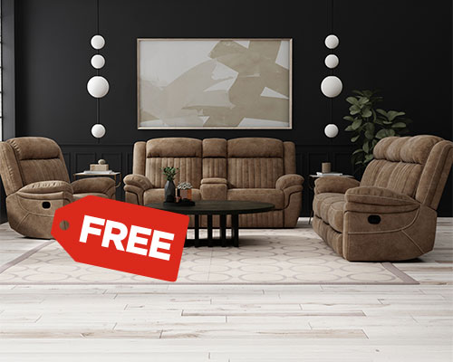 Modern living room with brown recliner set, black table, wall art, and a