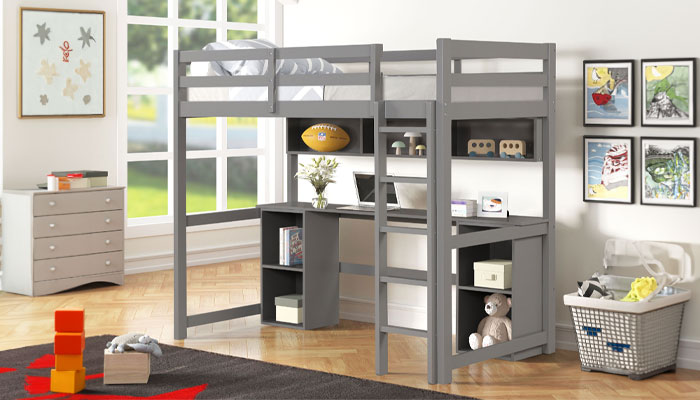 Gray loft bed with desk underneath