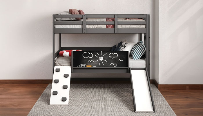 Gray kids bunk bed with slide art board