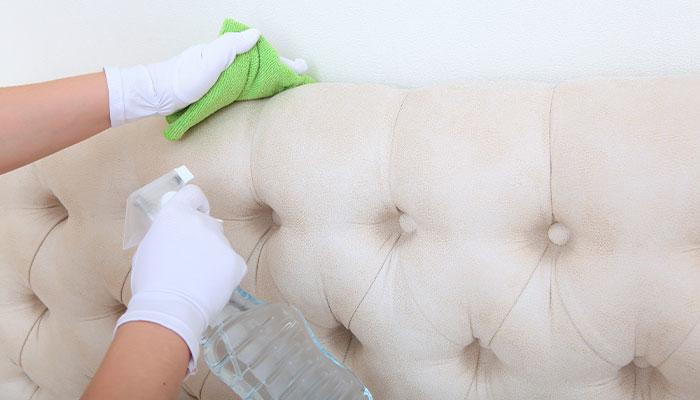 Spot cleaning upholstery with spray and cloth