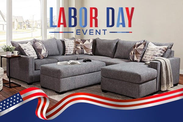 Modern styled living room with Labor Day Event call to action.